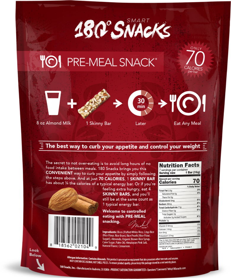 180 Snacks Skinny Rice Bars with Almonds, Cranberries and Himalayan Salt -  Low Calorie Snacks, Only 70 Calories - Non GMO, Dairy-free, Gluten-free  Snacks - EBT Eligible Snacks for Weight Loss - 7 count - Yahoo Shopping